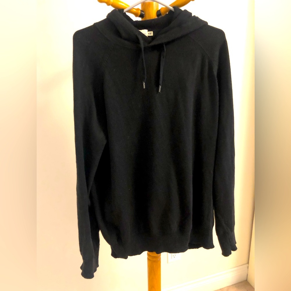 Black all cotton knit men’s, but good for anyone sweater with hood, XL